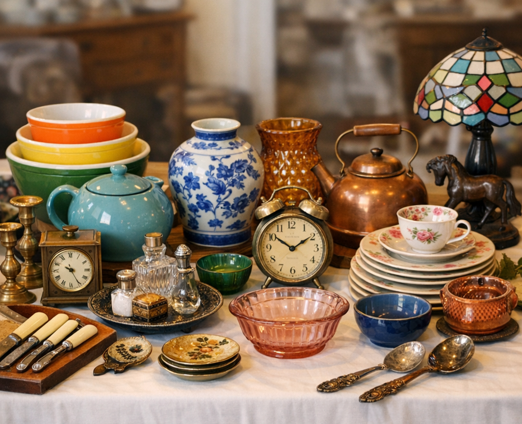 Display of assorted vintage items arranged at an Estate Sale